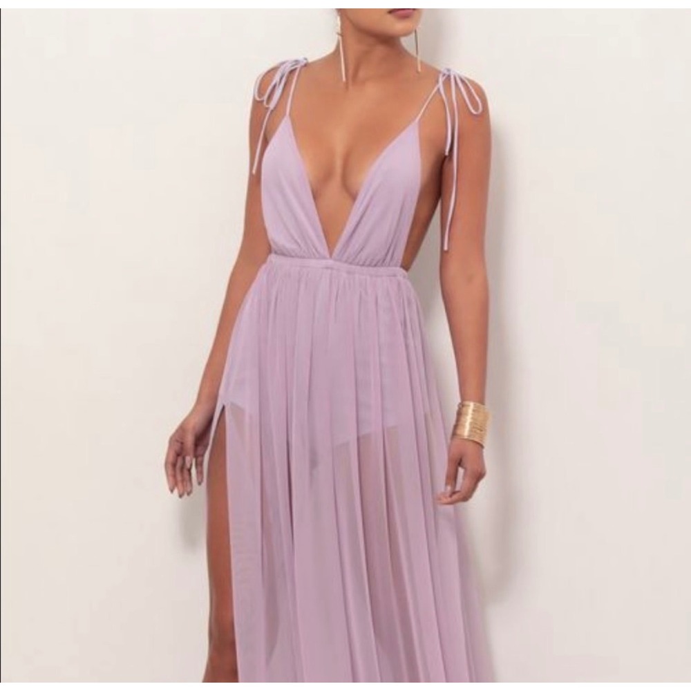 Lucy In The Sky Lavender Mesh Bodysuit Maxi Dress Purple Open Back - Small